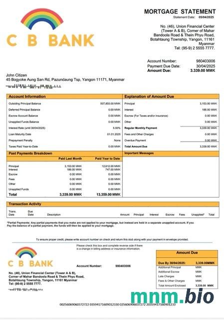 Myanmar CB Bank wyciąg z kredytu hipotecznego szablon Word i PDF